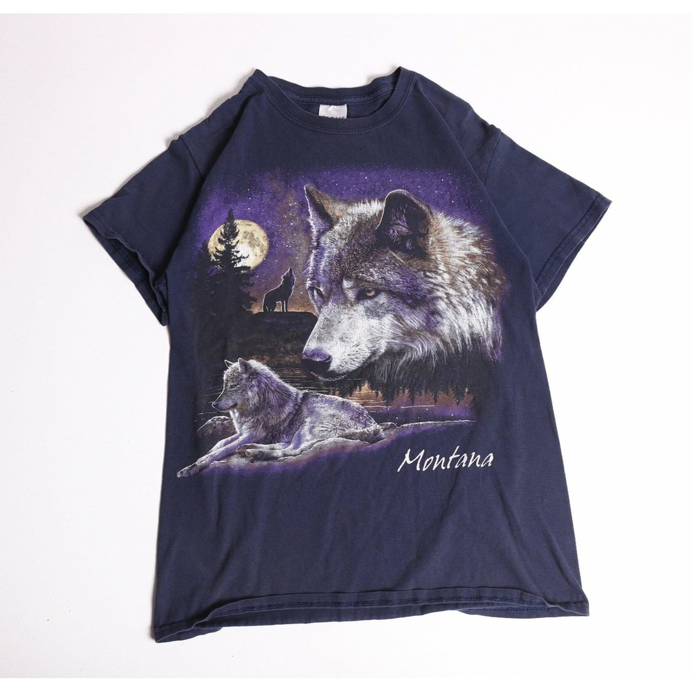 Gildan Ultra Cotton Montana Wolf Graphic T-Shirt Navy Blue Small Howling Moon